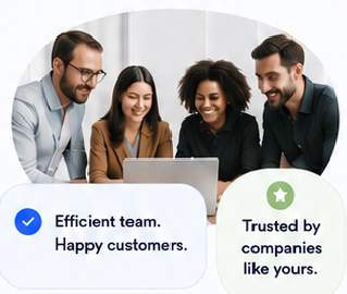 Support team collaborating with business owners; efficient teams and trusted by companies like yours